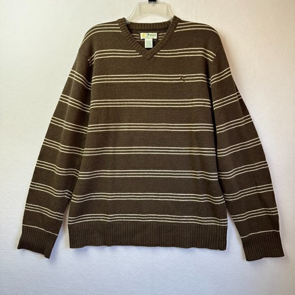 Fossil sweater Men L Brown tan stripe Cashmere Wool Angora blend v neck‎ - Picture 2 of 8